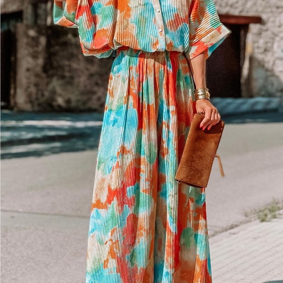 Multicolor Bohemian Tie Dye Pleated Shirt Loose Jumpsuit - Picture 3 of 3
